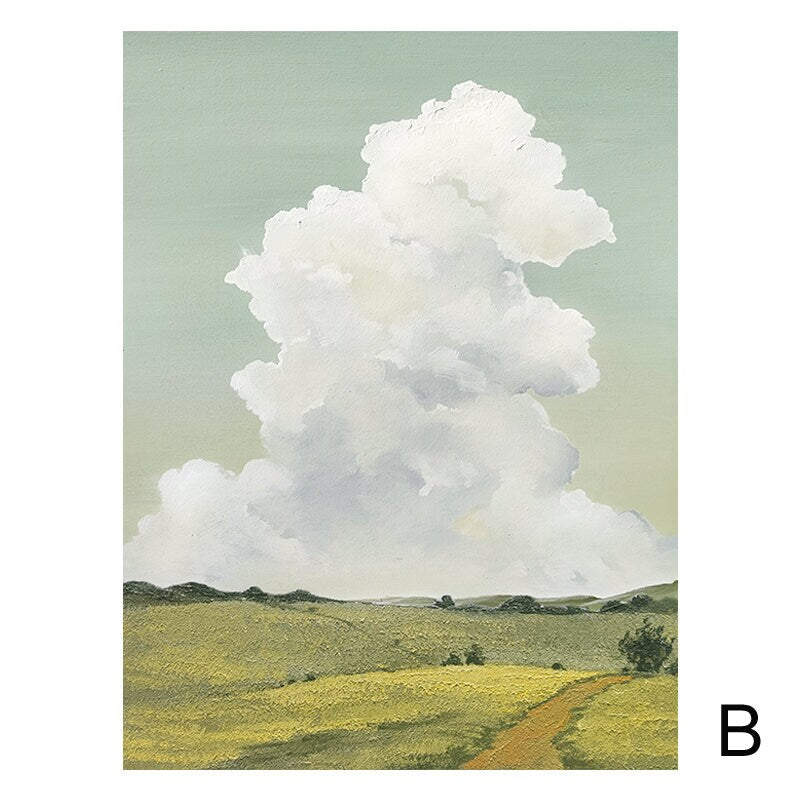 May include: A painting of a landscape with a large white cloud in the sky. The ground is green and yellow with a dirt road leading through it.