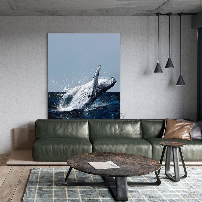 Original Humpback Whale Oil Painting on Canvas, Large Abstract Ocean Canvas Wall Art, Modern Animal Wall Art for Living Room, Bedroom Décor