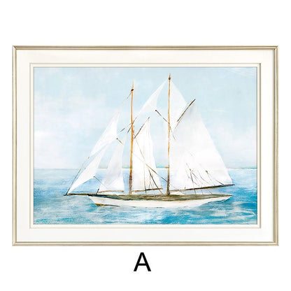 May include: A framed watercolor painting of a sailboat with white sails on a blue ocean. The painting is in a light wood frame with a white mat.