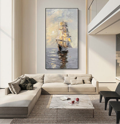 Large Abstract Sailboat Oil Painting on Canvas, Original Seascape Canvas Wall Art, Ocean Painting, Modern Nautical Wall Art for Living Room