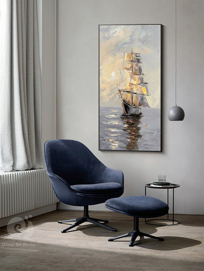 Large Abstract Sailboat Oil Painting on Canvas, Original Seascape Canvas Wall Art, Ocean Painting, Modern Nautical Wall Art for Living Room