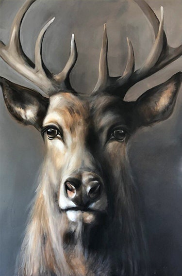 Large Classical Deer Oil Painting on Canvas, Original Hand-painted Stag Canvas Wall Art, Modern Animal Painting for Living Room, Home Décor