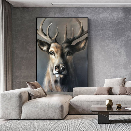 Large Classical Deer Oil Painting on Canvas, Original Hand-painted Stag Canvas Wall Art, Modern Animal Painting for Living Room, Home Décor