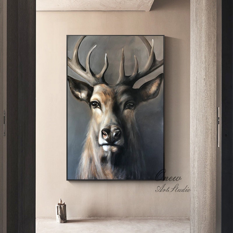 Large Classical Deer Oil Painting on Canvas, Original Hand-painted Stag Canvas Wall Art, Modern Animal Painting for Living Room, Home Décor