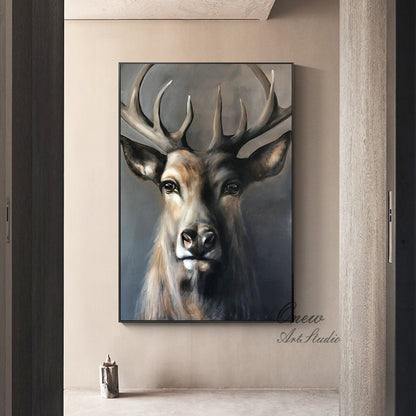 Large Classical Deer Oil Painting on Canvas, Original Hand-painted Stag Canvas Wall Art, Modern Animal Painting for Living Room, Home Décor