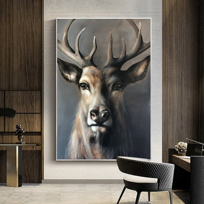 Large Classical Deer Oil Painting on Canvas, Original Hand-painted Stag Canvas Wall Art, Modern Animal Painting for Living Room, Home Décor