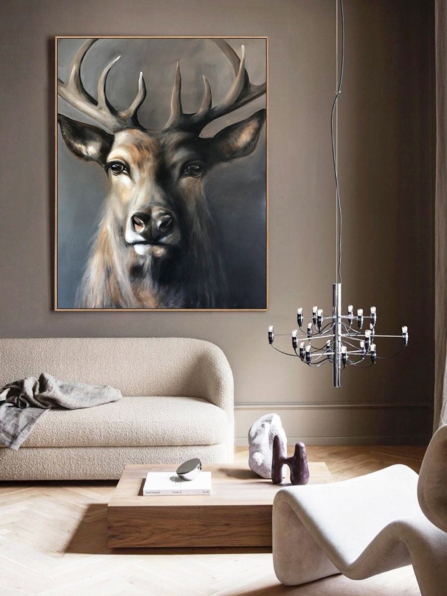 Large Classical Deer Oil Painting on Canvas, Original Hand-painted Stag Canvas Wall Art, Modern Animal Painting for Living Room, Home Décor