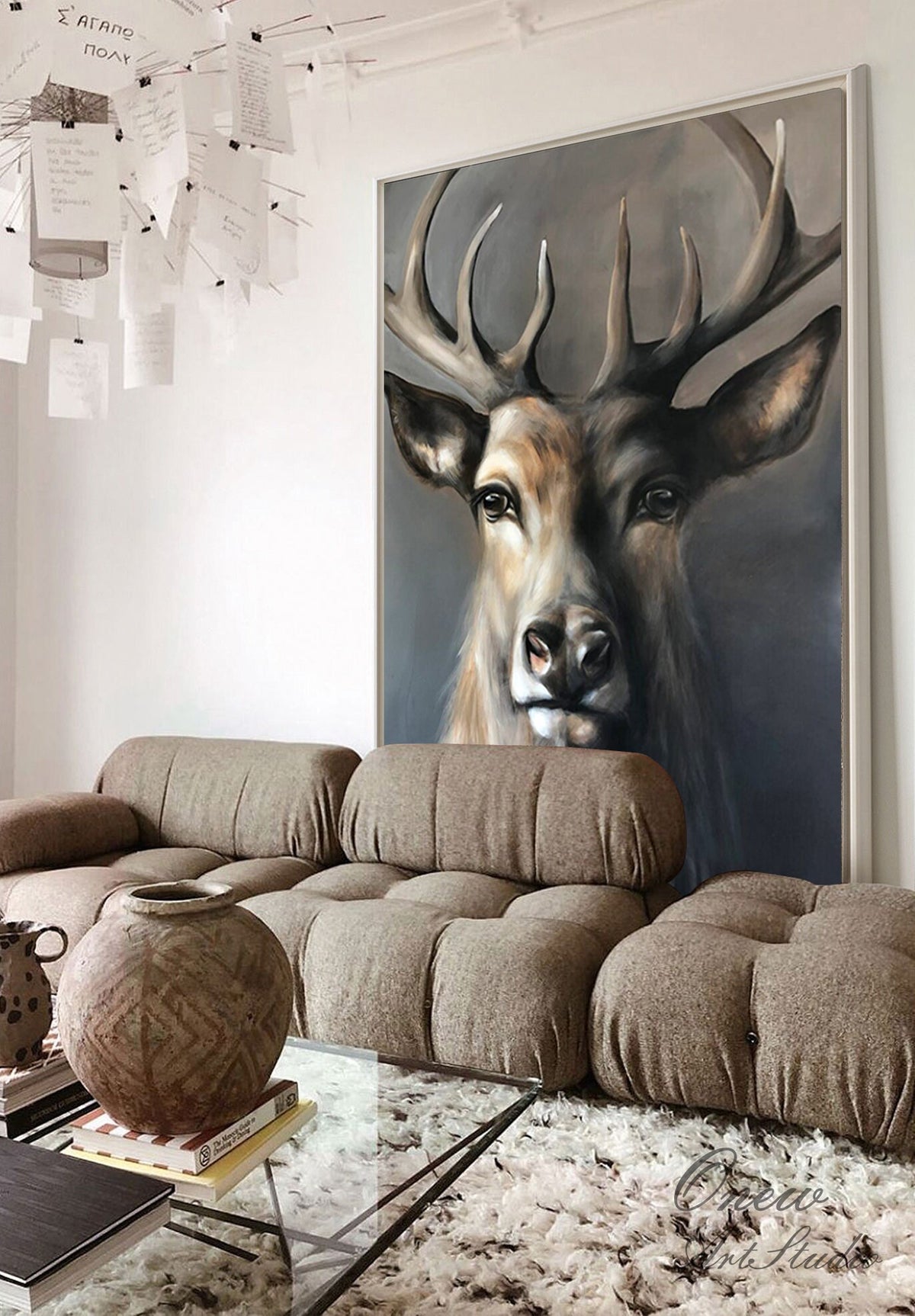 Large Classical Deer Oil Painting on Canvas, Original Hand-painted Stag Canvas Wall Art, Modern Animal Painting for Living Room, Home Décor