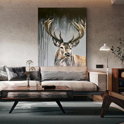 May include: A painting of a large, brown deer with antlers standing in a forest. The deer is looking directly at the viewer. The background is a dark gray with streaks of black paint.