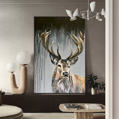 May include: A painting of a large, brown deer with large antlers. The deer is looking directly at the viewer. The background is a dark gray with black streaks.