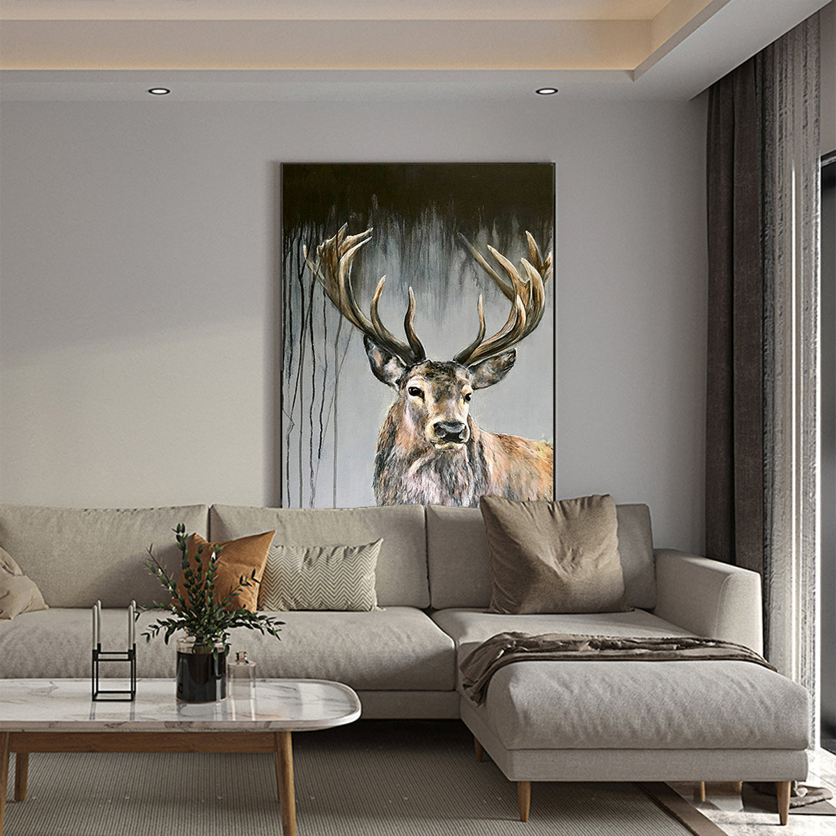 May include: A painting of a large, brown stag with antlers against a dark, textured background. The stag is looking directly at the viewer with a serious expression.