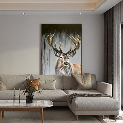 May include: A painting of a large, brown stag with antlers against a dark, textured background. The stag is looking directly at the viewer with a serious expression.