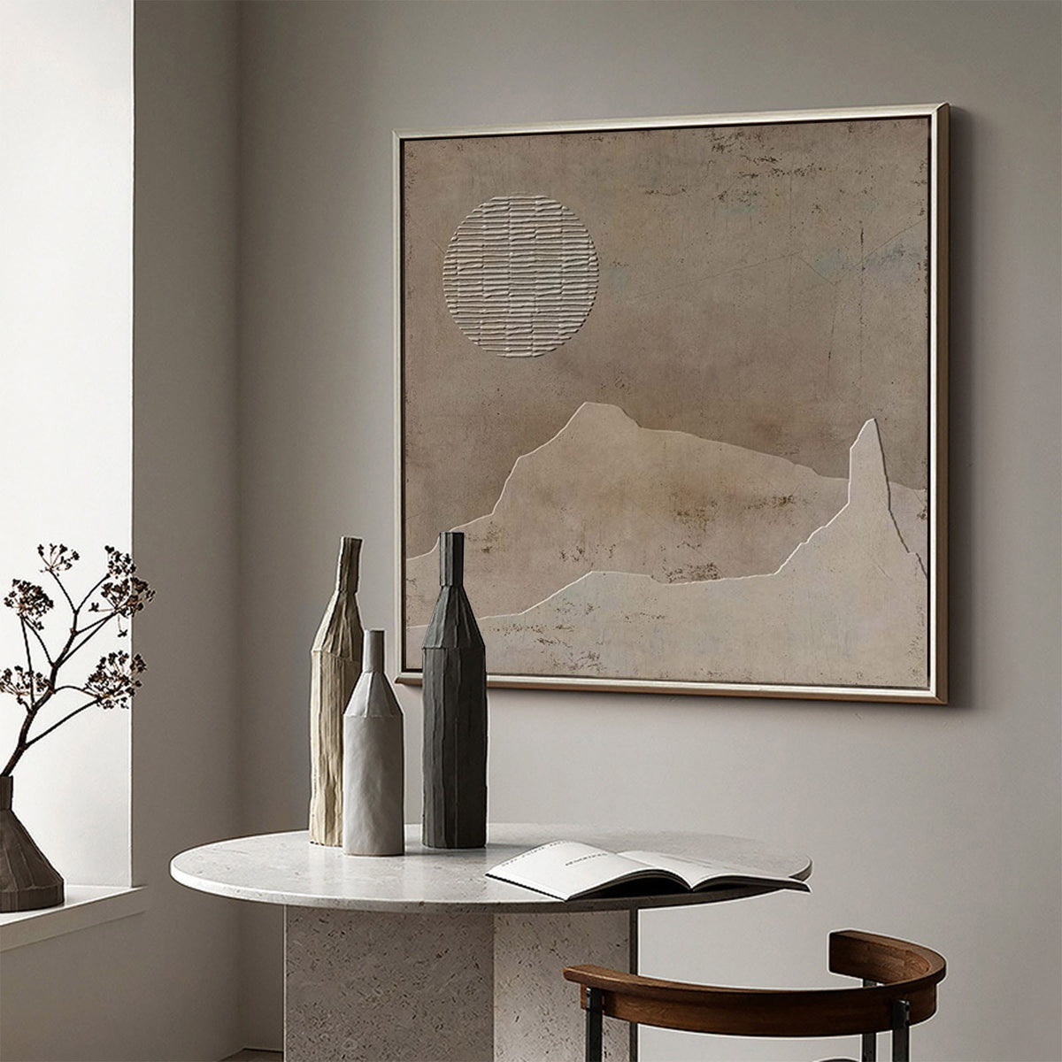 Brown Wabi Sabi Wall Art Moon Landscape Texture Canvas Painting for Living Room Decor