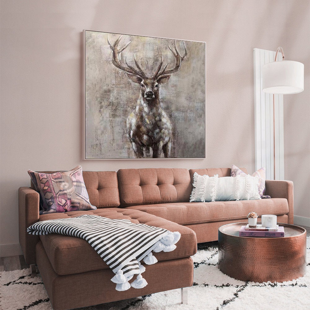 Large Abstract Deer Oil Painting on Canvas, Original Hand-painted Stag Canvas Wall Art, Modern Animal Painting for Living Room Bedroom Décor