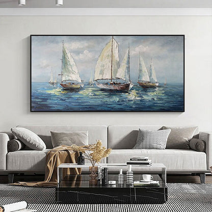 Large Abstract Sailboats Canvas Wall Art, Original Seascape Oil Painting on Canvas, Ocean Wall Art, Modern Nautical Painting for Living Room