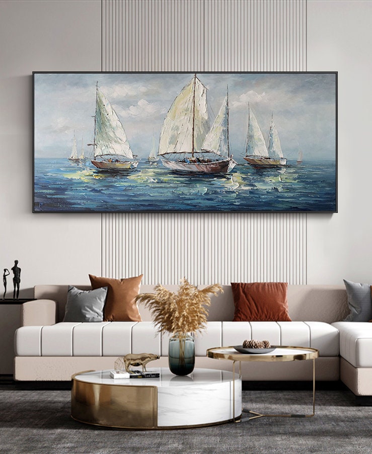 Large Abstract Sailboats Canvas Wall Art, Original Seascape Oil Painting on Canvas, Ocean Wall Art, Modern Nautical Painting for Living Room