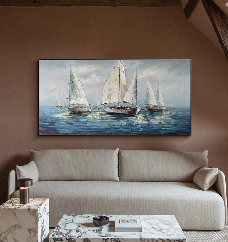 Large Abstract Sailboats Canvas Wall Art, Original Seascape Oil Painting on Canvas, Ocean Wall Art, Modern Nautical Painting for Living Room