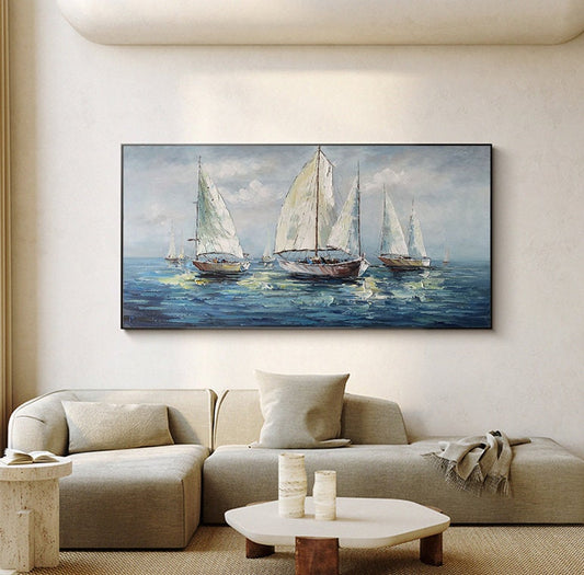 Large Abstract Sailboats Canvas Wall Art, Original Seascape Oil Painting on Canvas, Ocean Wall Art, Modern Nautical Painting for Living Room