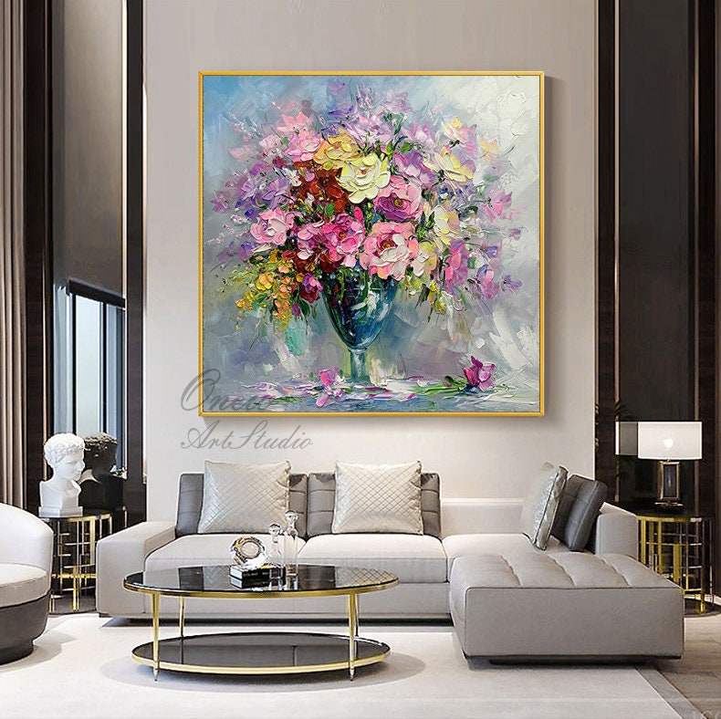 Impressionist Flower Oil Painting on Canvas, Large Colorful Flowers Canvas Wall Art, Modern Textured Floral Painting for Living Room Bedroom