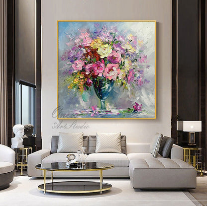 Impressionist Flower Oil Painting on Canvas, Large Colorful Flowers Canvas Wall Art, Modern Textured Floral Painting for Living Room Bedroom
