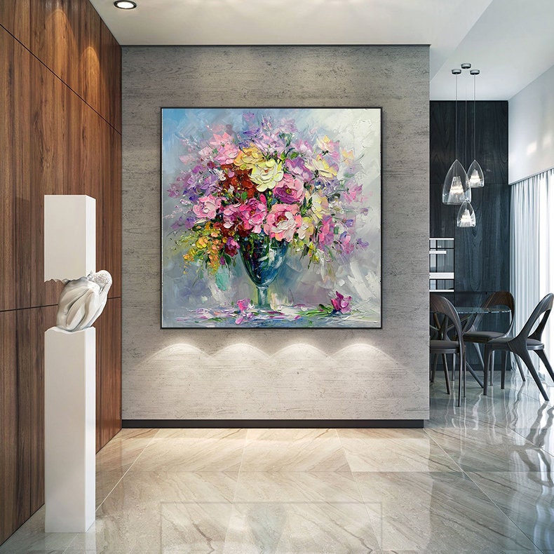 Impressionist Flower Oil Painting on Canvas, Large Colorful Flowers Canvas Wall Art, Modern Textured Floral Painting for Living Room Bedroom