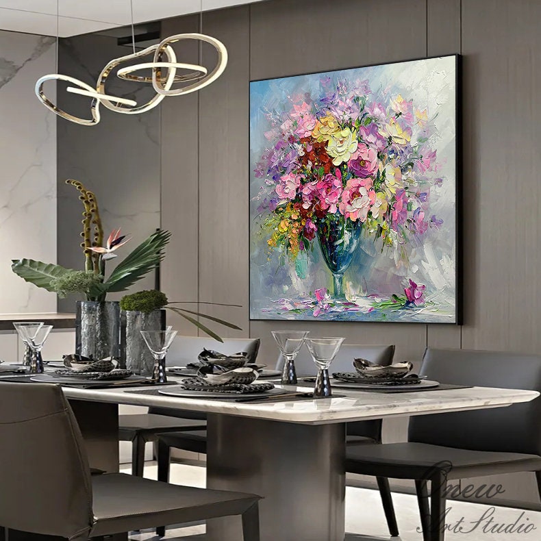 Impressionist Flower Oil Painting on Canvas, Large Colorful Flowers Canvas Wall Art, Modern Textured Floral Painting for Living Room Bedroom