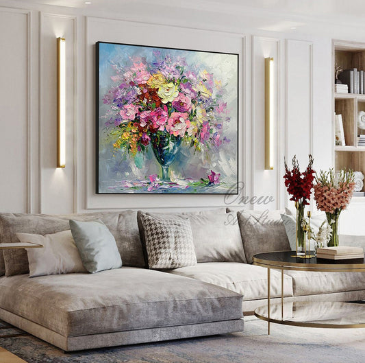 Impressionist Flower Oil Painting on Canvas, Large Colorful Flowers Canvas Wall Art, Modern Textured Floral Painting for Living Room Bedroom