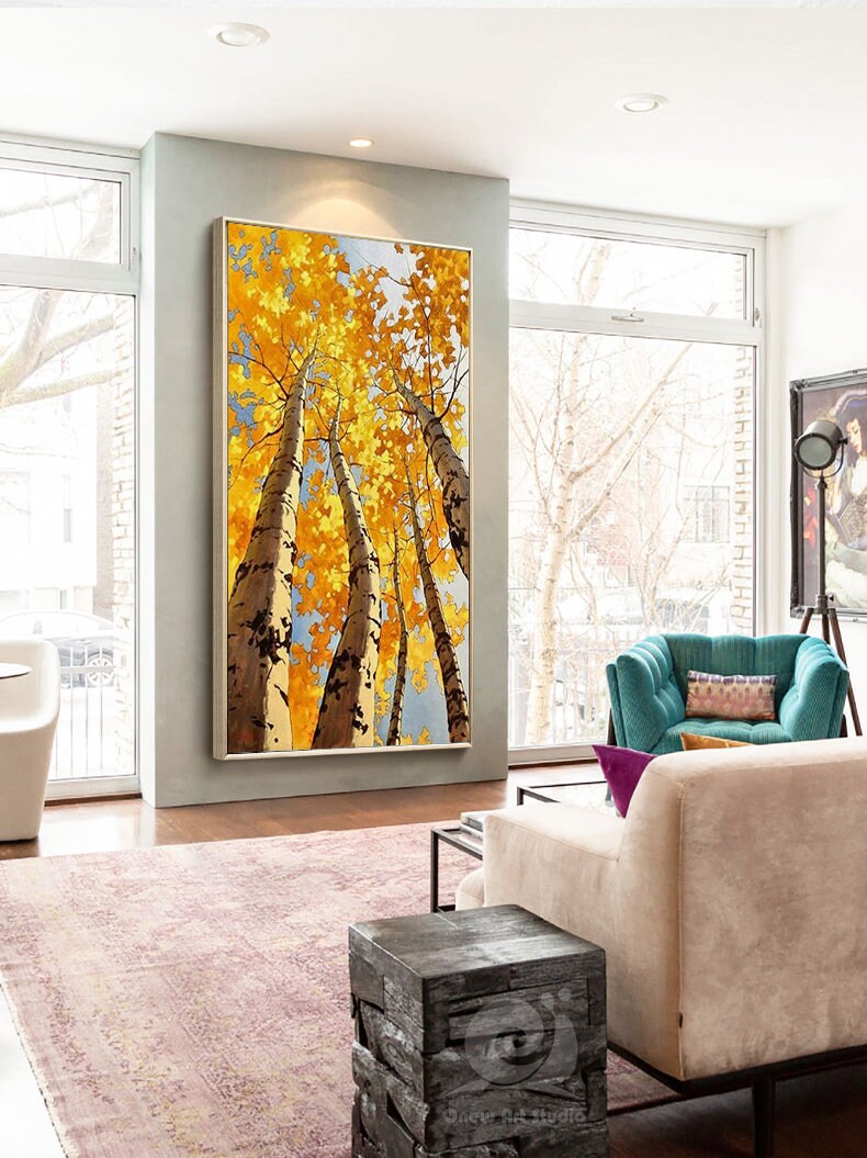 Abstract Birch Canvas Wall Art, Large Original Trees Oil Painting on Canvas, Modern Autumn Landscape Wall Art for Living Room, Bedroom Décor