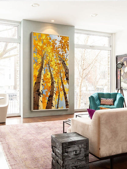 Abstract Birch Canvas Wall Art, Large Original Trees Oil Painting on Canvas, Modern Autumn Landscape Wall Art for Living Room, Bedroom Décor