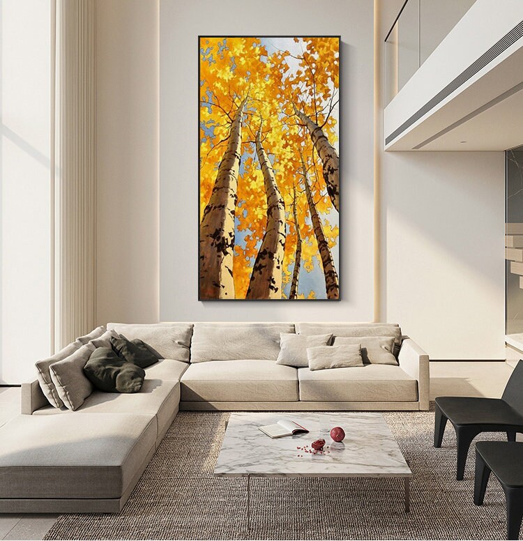 Abstract Birch Canvas Wall Art, Large Original Trees Oil Painting on Canvas, Modern Autumn Landscape Wall Art for Living Room, Bedroom Décor