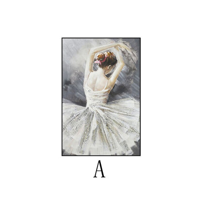 May include: A painting of a ballerina in a white tutu with her arms raised above her head. The background is a gray and white abstract design.