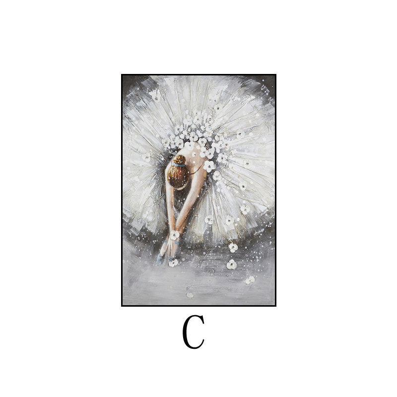 May include: A painting of a ballerina in a white tutu with white flowers. The ballerina is bending over and her hair is pulled back in a bun.