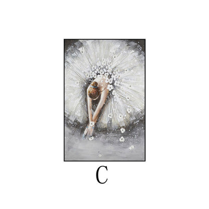 May include: A painting of a ballerina in a white tutu with white flowers. The ballerina is bending over and her hair is pulled back in a bun.
