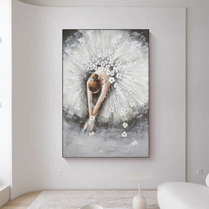 May include: A painting of a ballerina in a white tutu with white flowers. The ballerina is bent over, with her head down, and her arms are outstretched. The background is a gray and white abstract design.