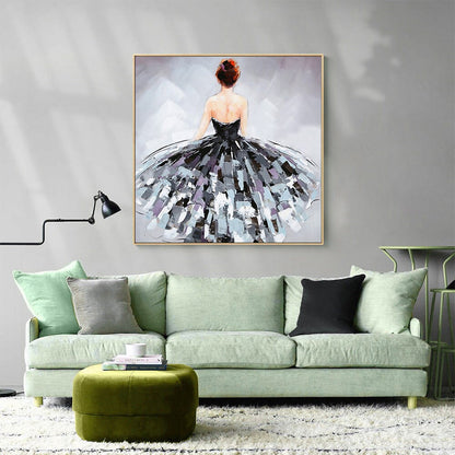 May include: A painting of a woman in a black dress with a gray and white abstract pattern. The woman is facing away from the viewer and her red hair is pulled back.