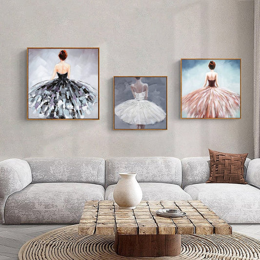 May include: Three framed paintings of ballerinas wearing tutus. The ballerinas are facing away from the viewer. The tutus are in shades of black, white, and pink.