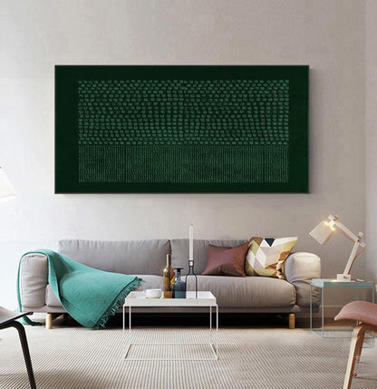 May include: A rectangular wall art piece featuring a dark green background with a textured pattern of small circles in the upper section and vertical lines in the lower section, framed in a thin black border, displayed horizontally on a wall.