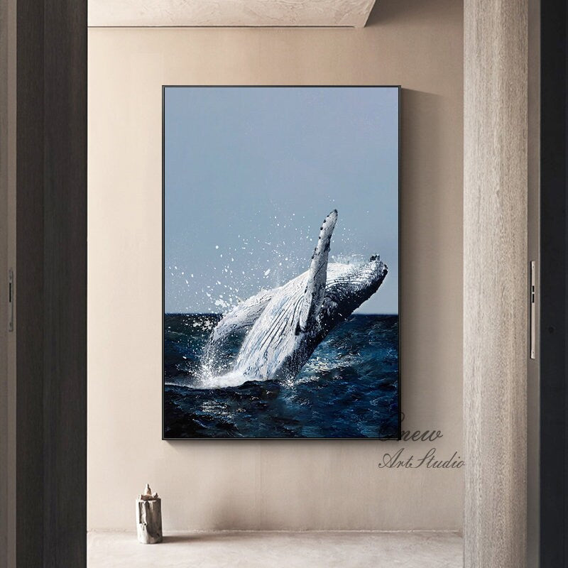 Original Humpback Whale Oil Painting on Canvas, Large Abstract Ocean Canvas Wall Art, Modern Animal Wall Art for Living Room, Bedroom Décor