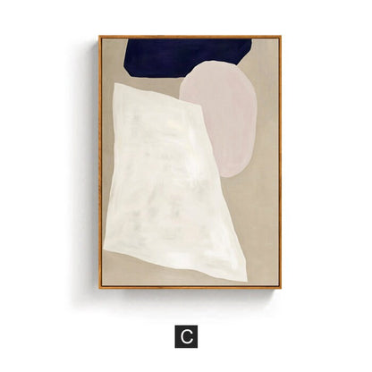 May include: Abstract art print with a white, pink, and navy blue geometric design on a beige background. The print is framed in a light wood frame.