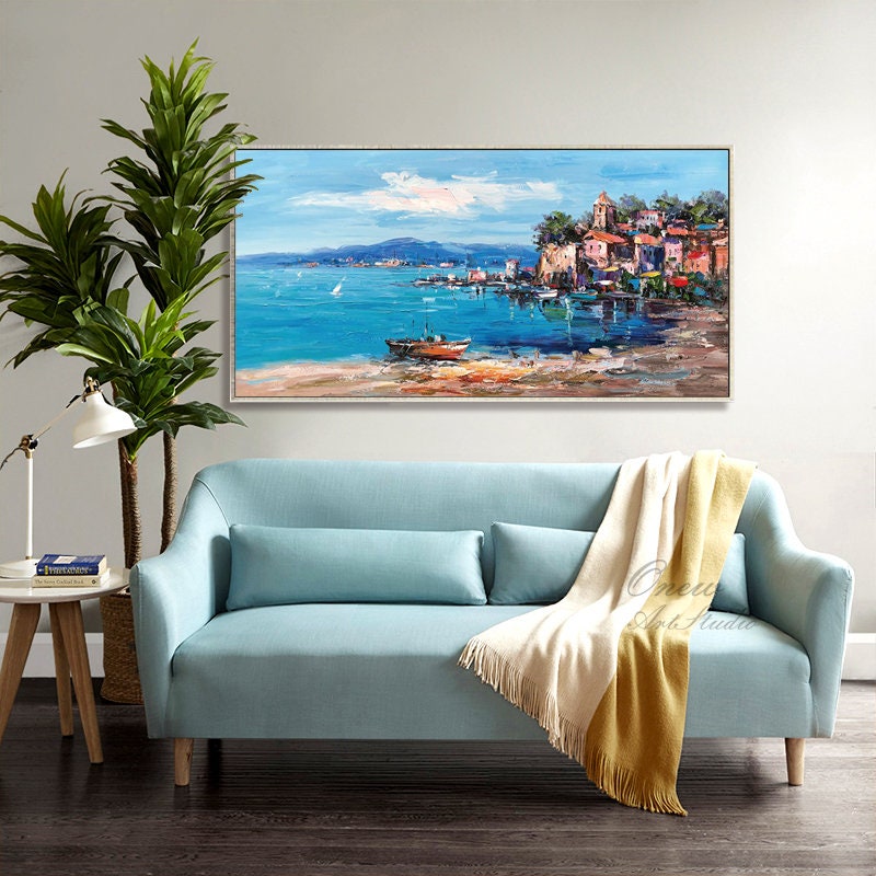 Impressionist Mediterranean-sea Oil Painting on Canvas, Large Original Coastal Cityscape Painting, Modern Seascape Wall Art for Living Room