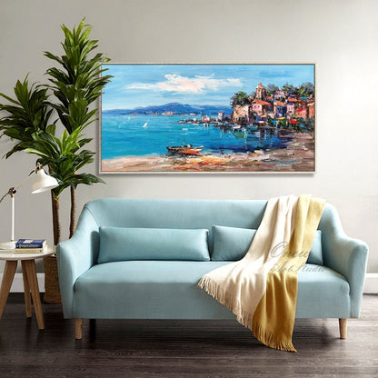 Impressionist Mediterranean-sea Oil Painting on Canvas, Large Original Coastal Cityscape Painting, Modern Seascape Wall Art for Living Room
