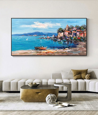 Impressionist Mediterranean-sea Oil Painting on Canvas, Large Original Coastal Cityscape Painting, Modern Seascape Wall Art for Living Room