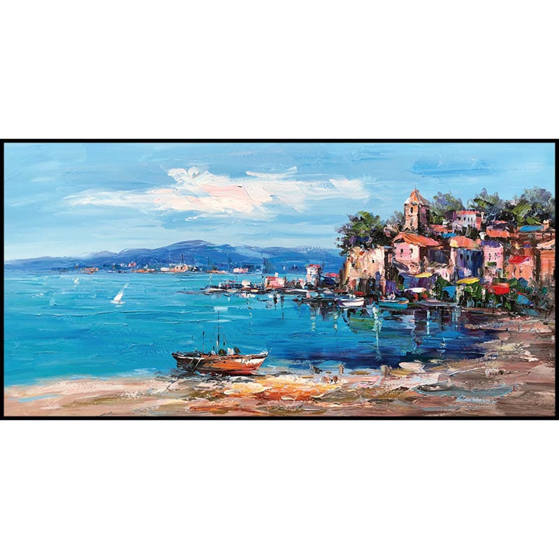 Impressionist Mediterranean-sea Oil Painting on Canvas, Large Original Coastal Cityscape Painting, Modern Seascape Wall Art for Living Room