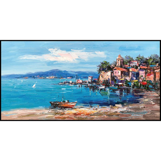 Impressionist Mediterranean-sea Oil Painting on Canvas, Large Original Coastal Cityscape Painting, Modern Seascape Wall Art for Living Room