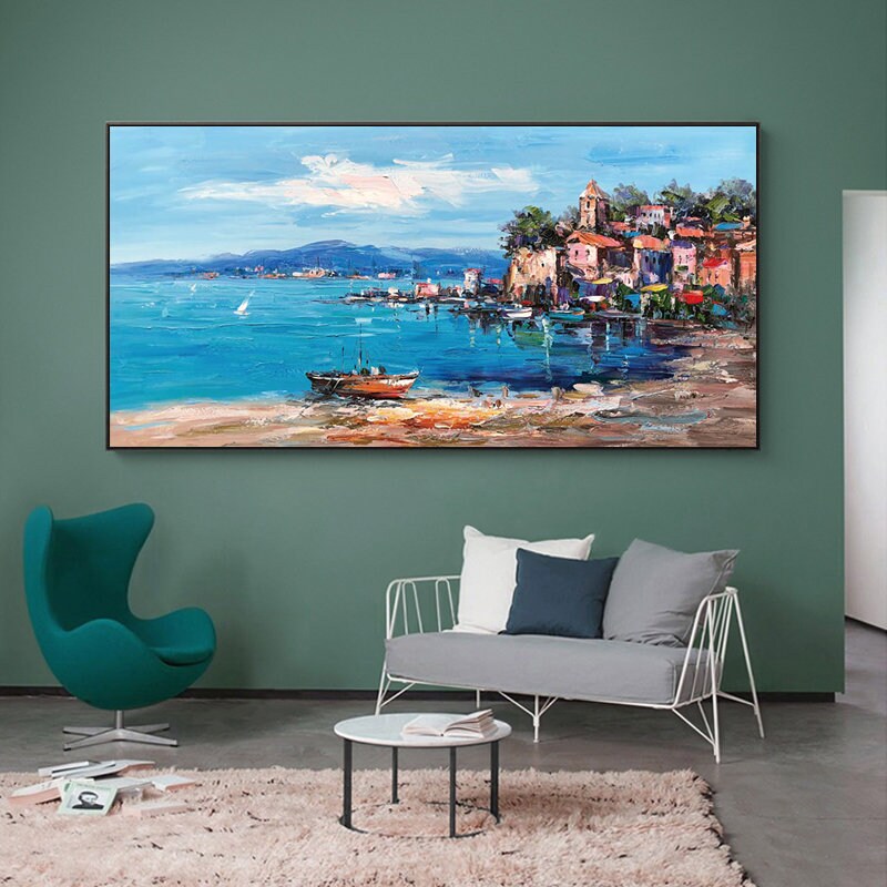 Impressionist Mediterranean-sea Oil Painting on Canvas, Large Original Coastal Cityscape Painting, Modern Seascape Wall Art for Living Room