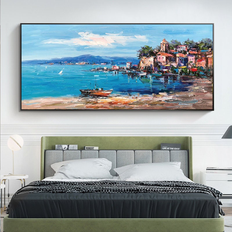 Impressionist Mediterranean-sea Oil Painting on Canvas, Large Original Coastal Cityscape Painting, Modern Seascape Wall Art for Living Room
