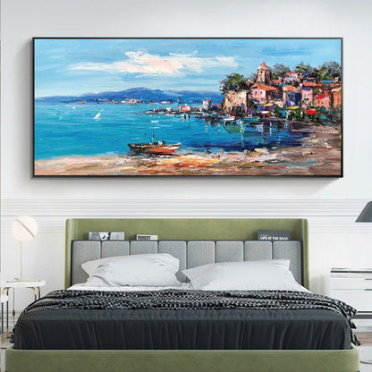 Impressionist Mediterranean-sea Oil Painting on Canvas, Large Original Coastal Cityscape Painting, Modern Seascape Wall Art for Living Room