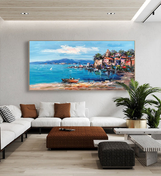 Impressionist Mediterranean-sea Oil Painting on Canvas, Large Original Coastal Cityscape Painting, Modern Seascape Wall Art for Living Room