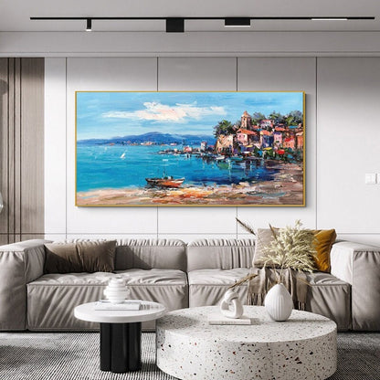 Impressionist Mediterranean-sea Oil Painting on Canvas, Large Original Coastal Cityscape Painting, Modern Seascape Wall Art for Living Room
