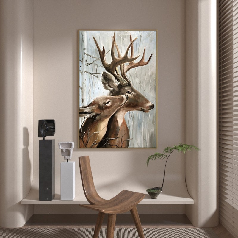 Large Classical Deer Oil Painting on Canvas, Original Stag and Doe Canvas Wall Art, Modern Hand-painted Animal Painting for Living Room